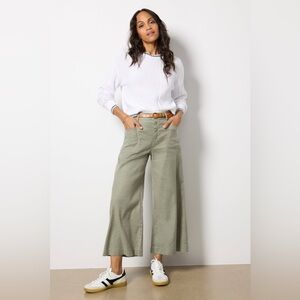 Evereve Joelle Stretch Linen Cropped Wide Leg Trousers Light Olive Green 29
